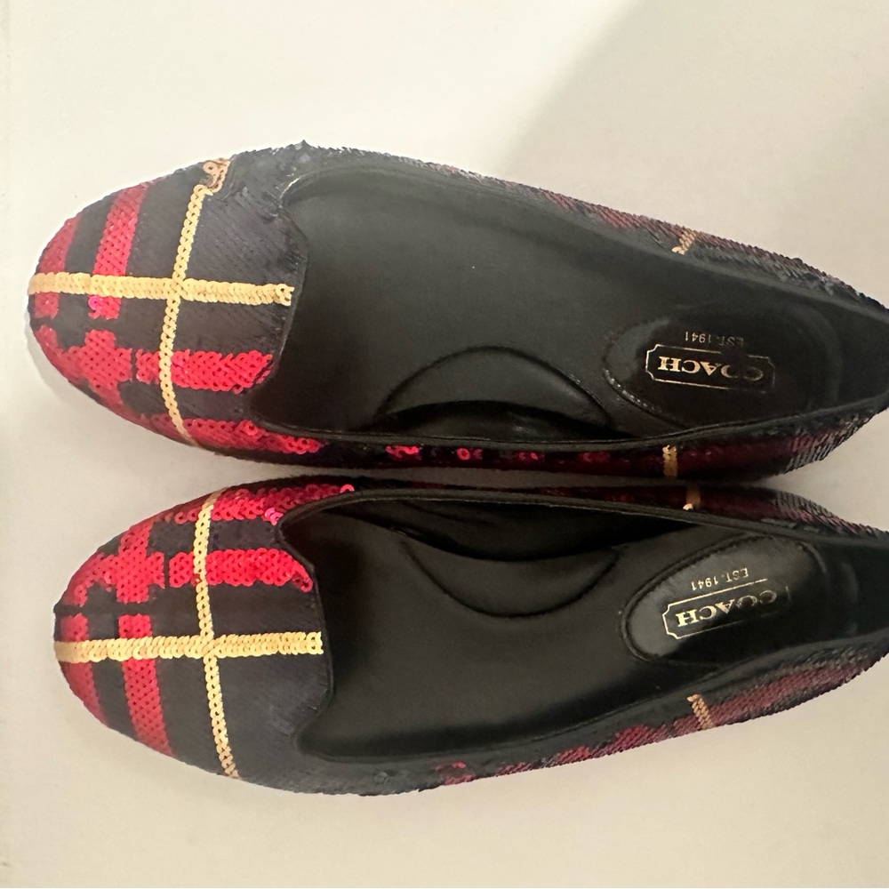 COACH Debrorah Tartan Plaid Sequin Ballet Flats Size 6.5 Red Navy Gold - Picture 4 of 11